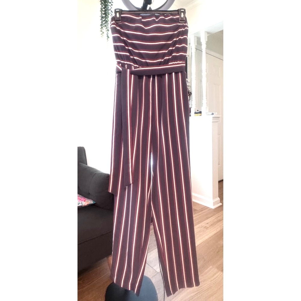 Express Strapless Striped Jumpsuit Burgundy Navy White Tie Waist XS